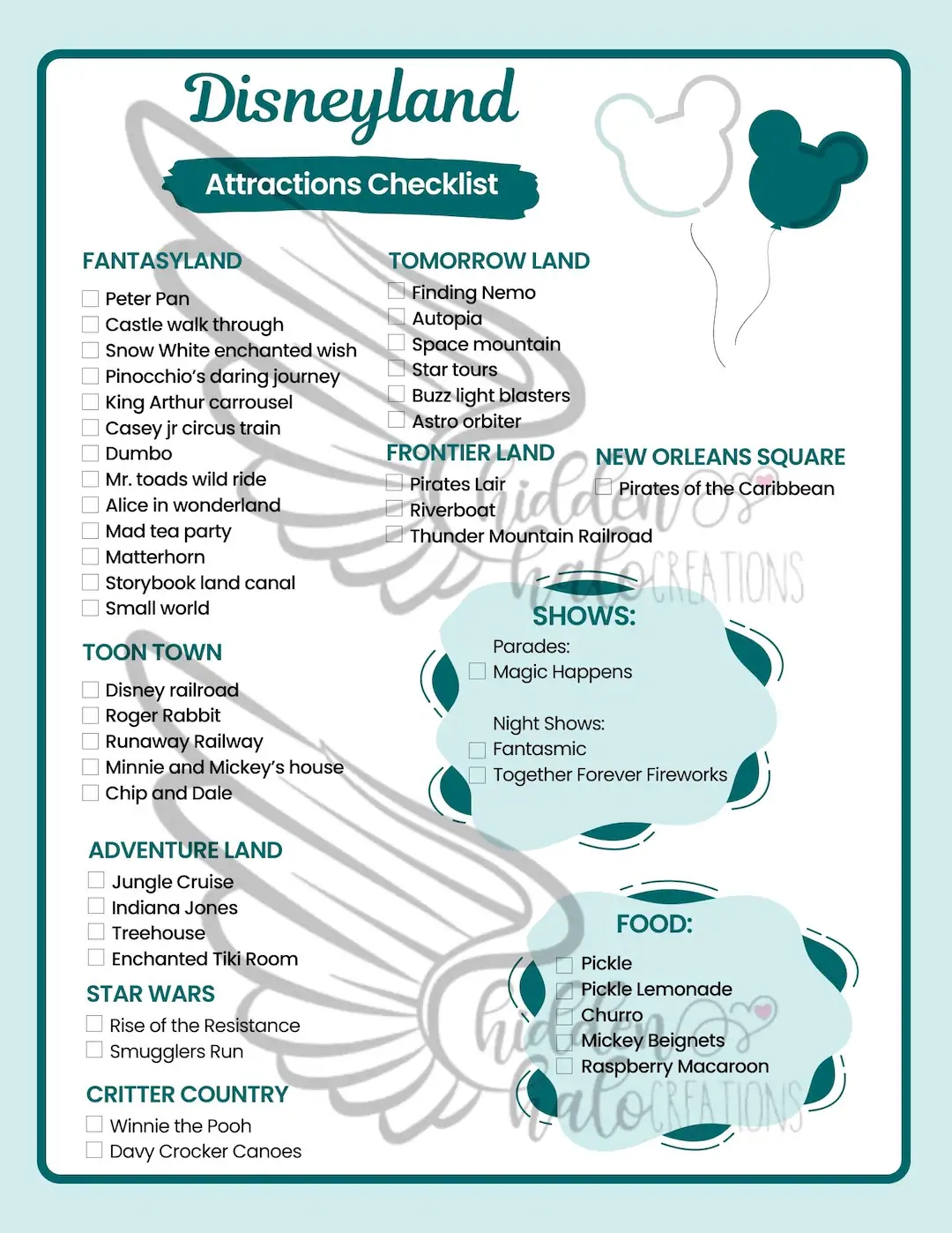 Printable Disneyland Ride List Printable Disneyland Ride List