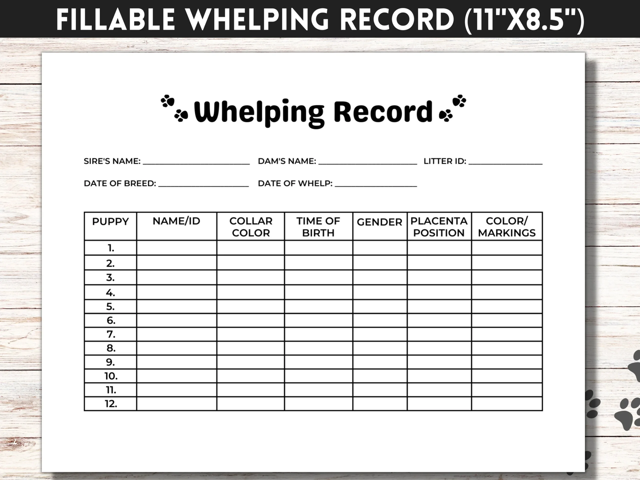 Dog Whelping Record Fillable Puppy Whelping Chart Dog Breeder Dog Whelping Record Fillable Puppy Whelping Chart Dog Breeder