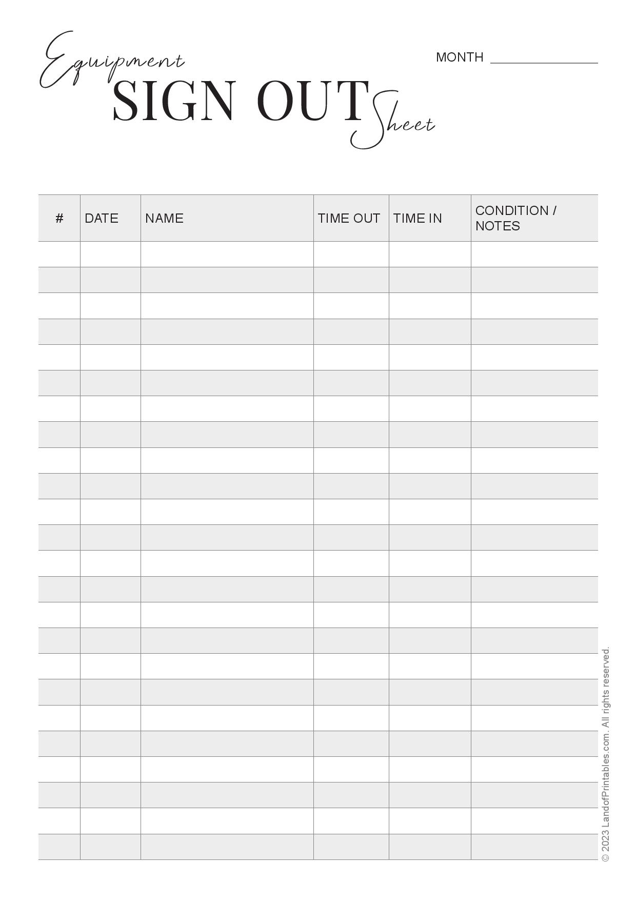 Download Your Free Equipment Sign Out Sheet Land Of Printables