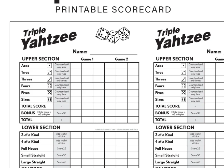 Druckbares Triple Yahtzee Scorecards Scorepad Druck So Viele Wie