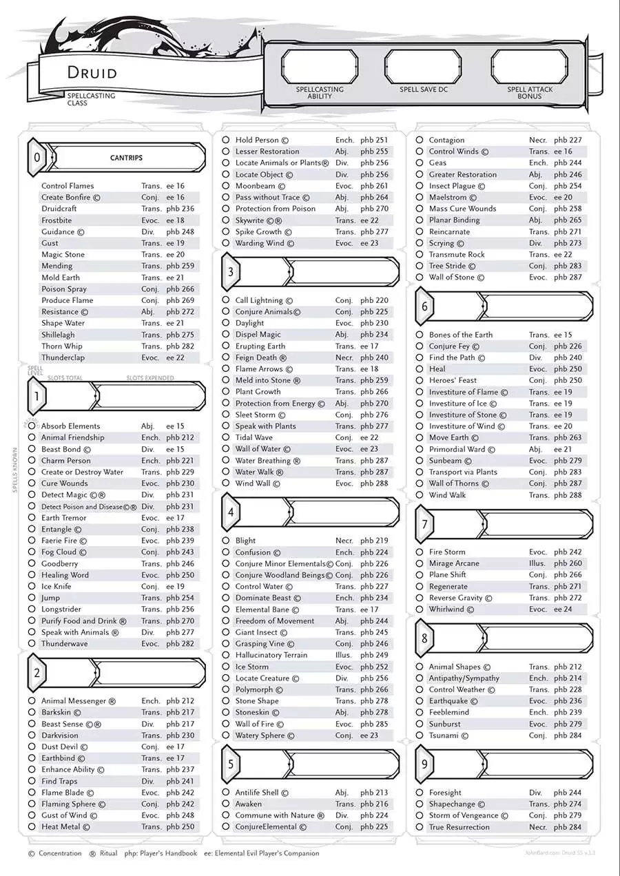 Druid Spell Sheet By John Bard Printable Dungeon Masters Druid Spell Sheet By John Bard Printable Dungeon Masters