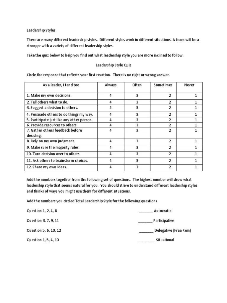 E Emerging Leaders Roundtable Leadership Style Quiz PDF PDF E Emerging Leaders Roundtable Leadership Style Quiz PDF PDF