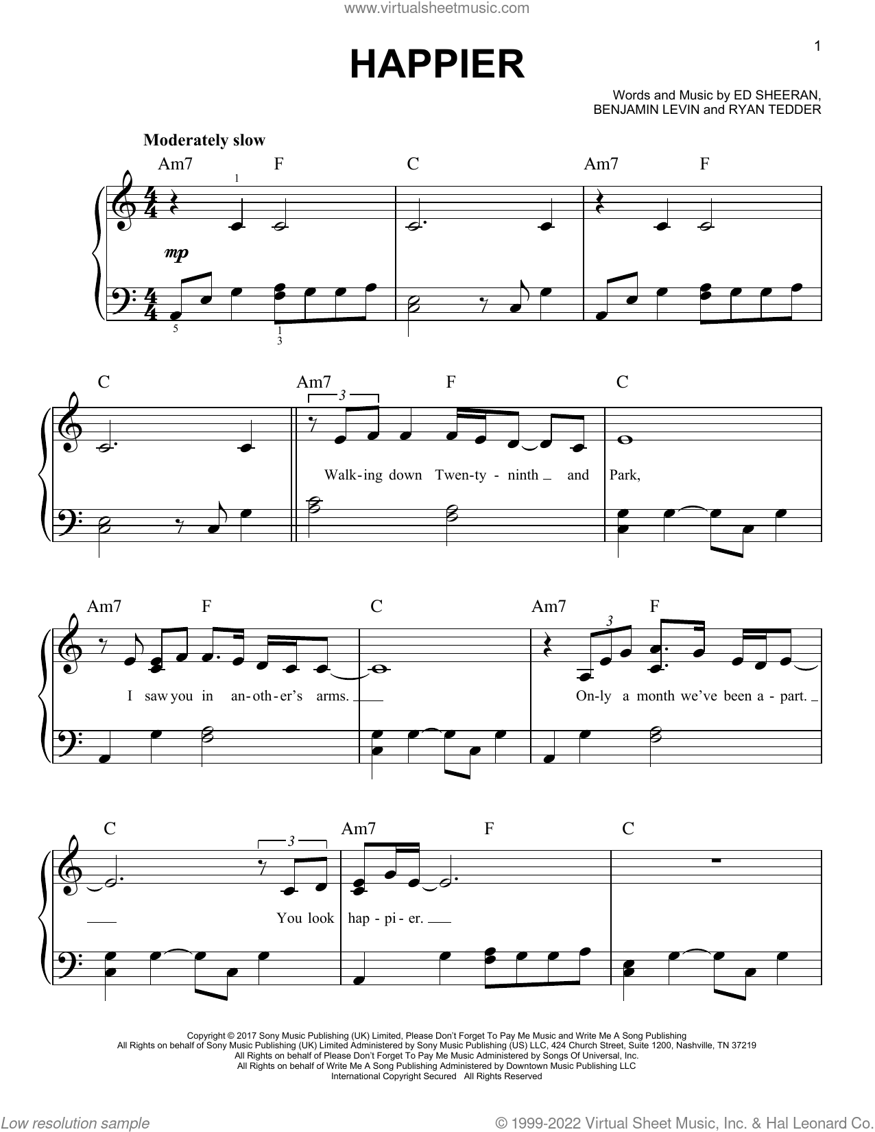 Ed Sheeran Happier easy Sheet Music For Piano Solo PDF 