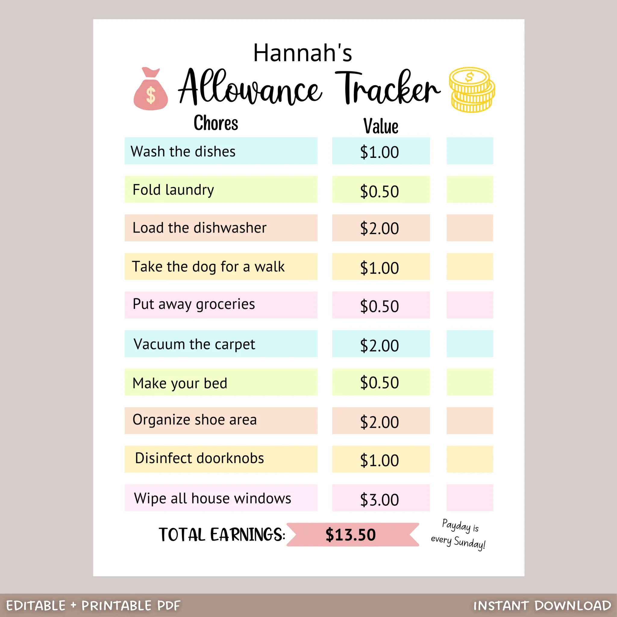 Editable Allowance Chart For Kids Printable Chore Chart Editable Allowance Chart For Kids Printable Chore Chart