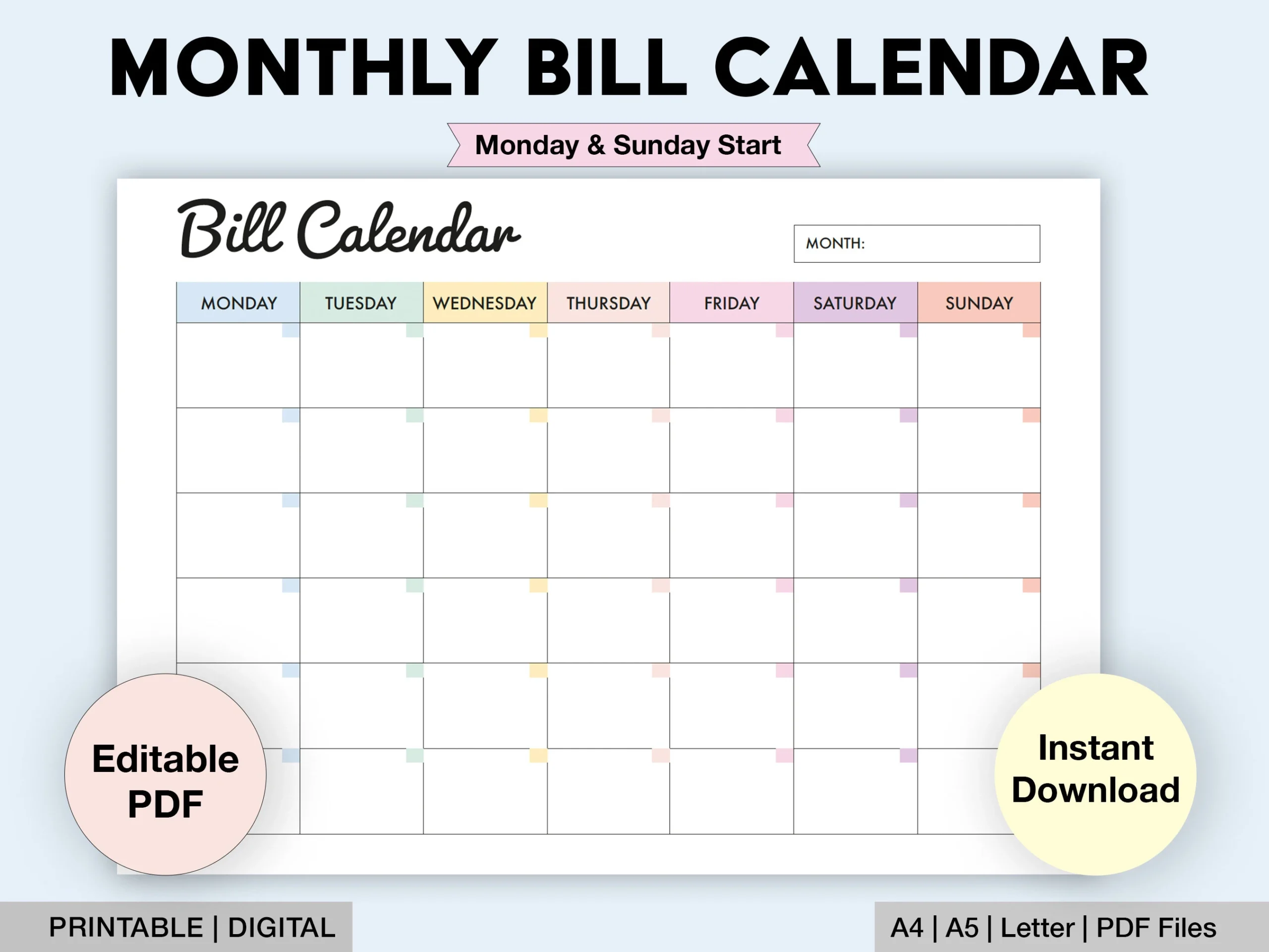 Editable Bill Calendar Printable Monthly Bill Planner Monthly Bill Log Bill Payment Checklist Bill Payment Tracker Digital PDF Etsy