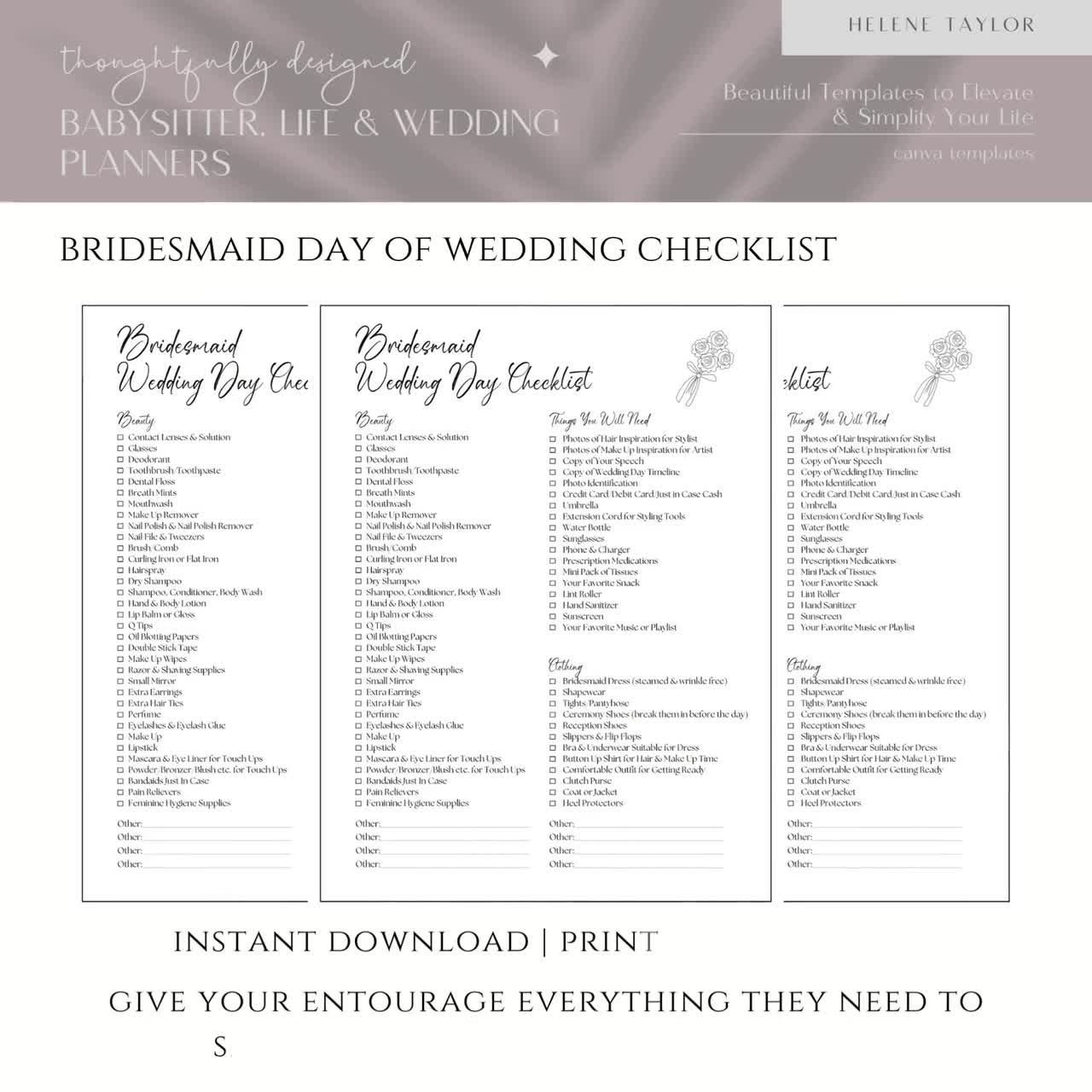 Editable Bridesmaid Wedding Day Checklist Template Printable PDF Editable Bridesmaid Wedding Day Checklist Template Printable PDF
