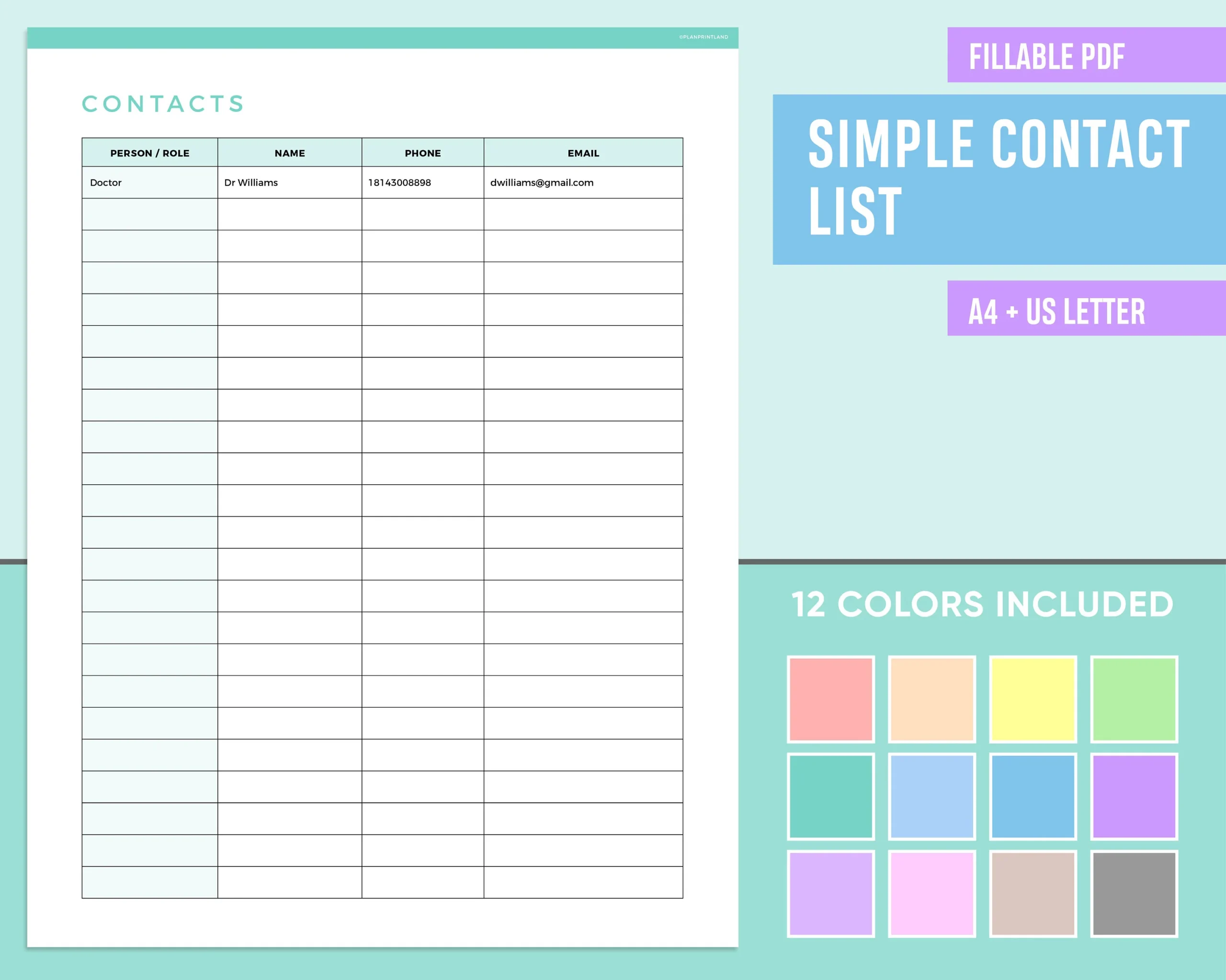 Editable Contact List Template Printable Contact Sheet PDF 