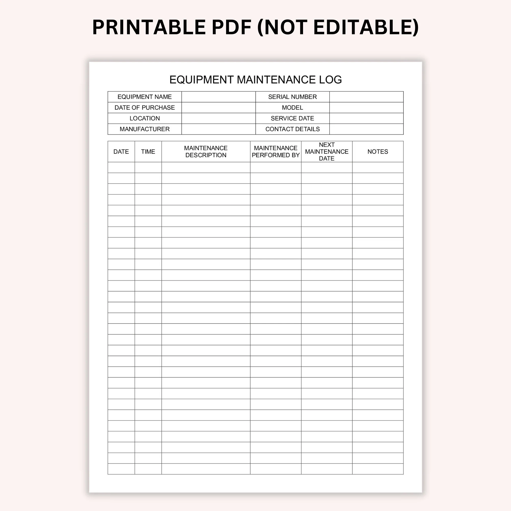 Printable Equipment Service Sheets Printable Equipment Service Sheets