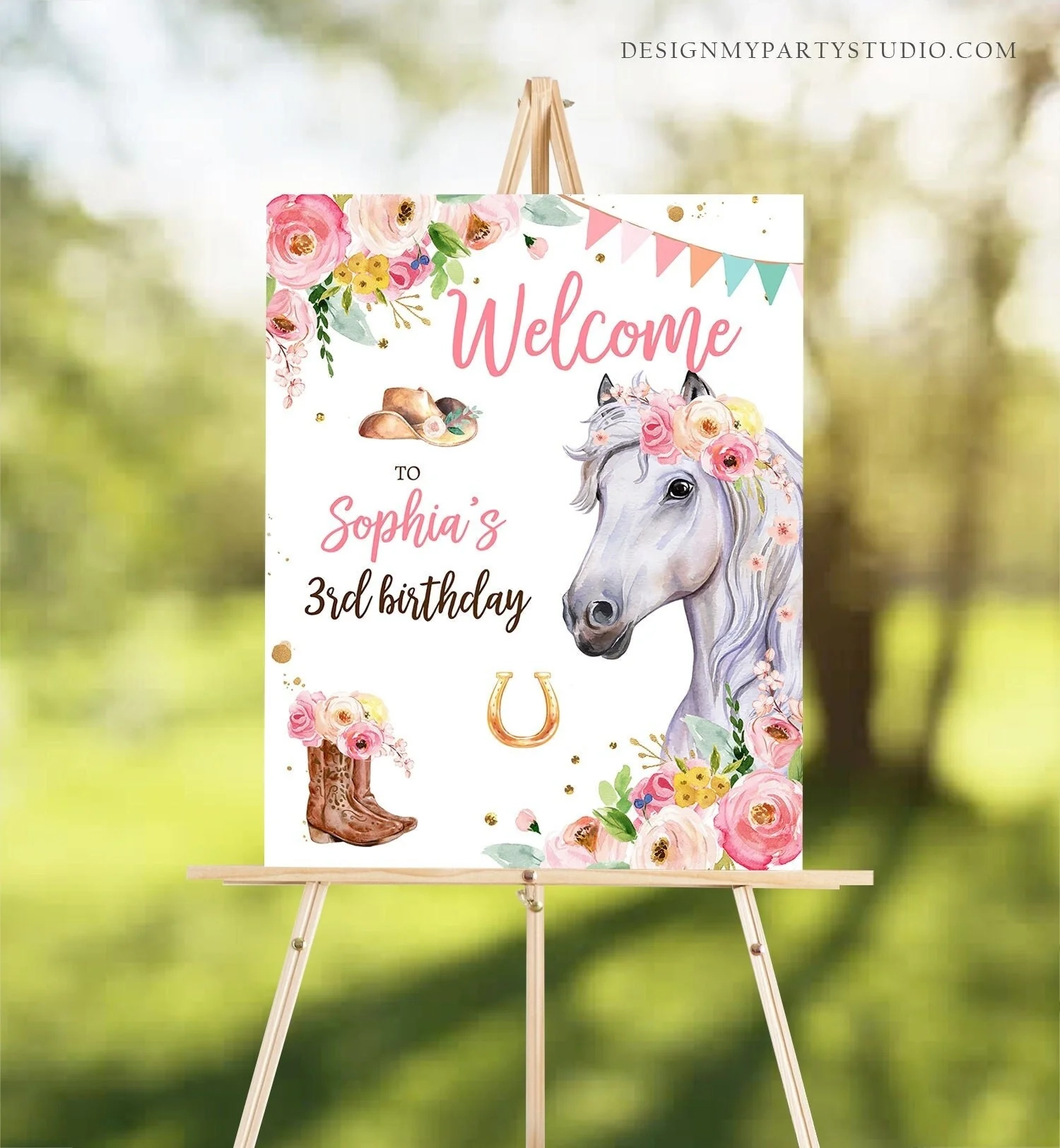 Editable Horse Birthday Welcome Sign Pony Birthday Welcome Sign Cowgirl Party Floral 