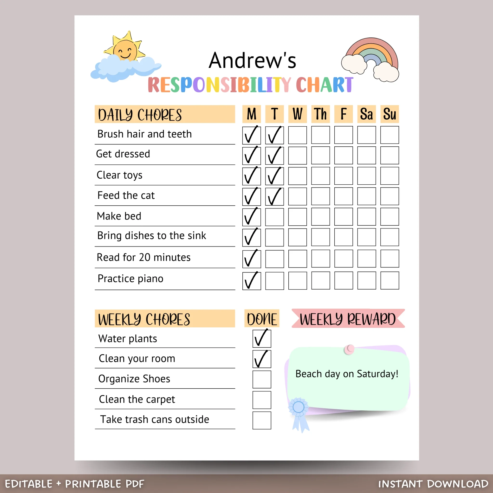 Printable Childrens Chore Chart Printable Childrens Chore Chart