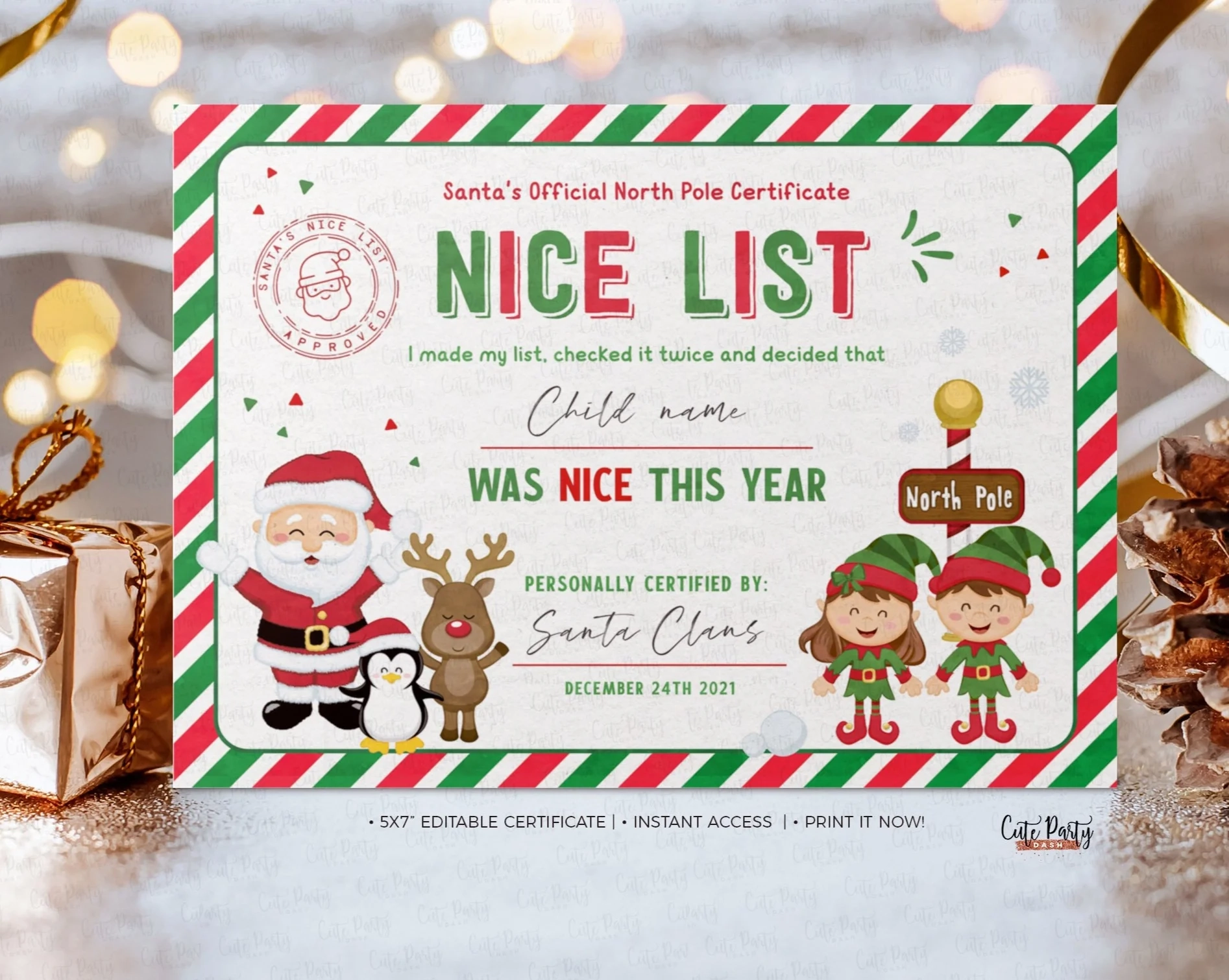 Editable Santa Claus Official Nice List Certificate Instant Download Cute Party Dash