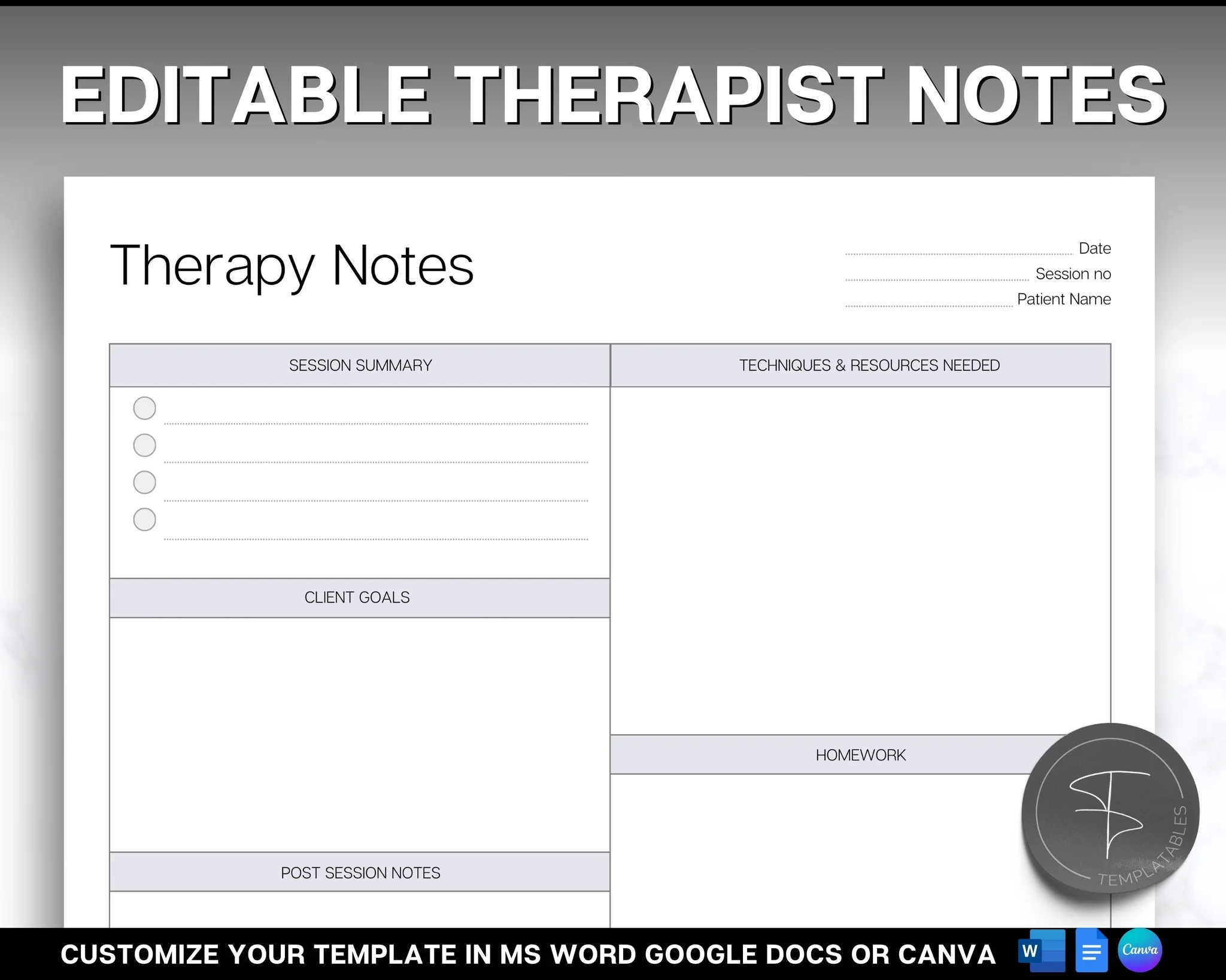 EDITABLE Therapist Note Templates Everything You Need For Sessions 