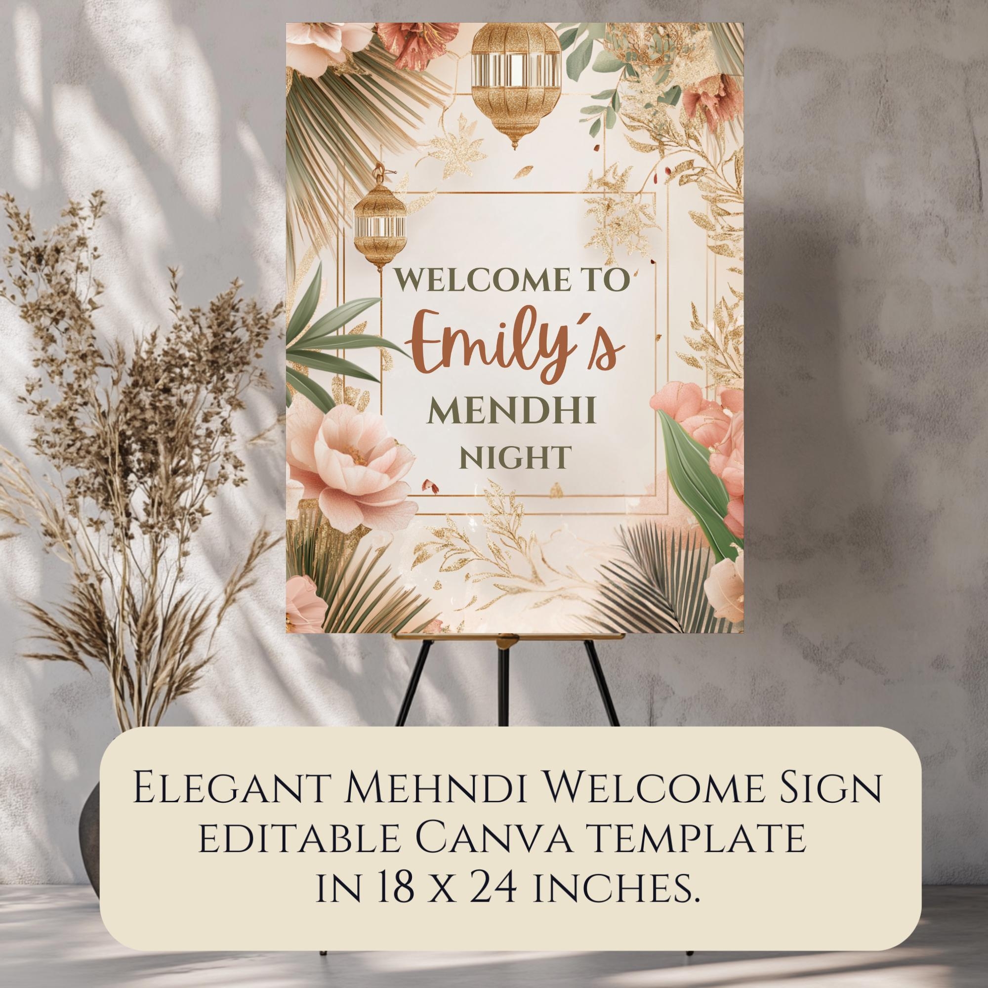 Elegant Mehndi Welcome Sign Customizable Canva Templates Digital Download Dholki Decor Indian Wedding Decor 18x24 Etsy