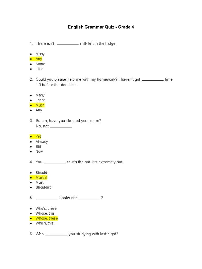 English Grammar Quiz Grade 4 Unchecked PDF English Grammar Quiz Grade 4 Unchecked PDF