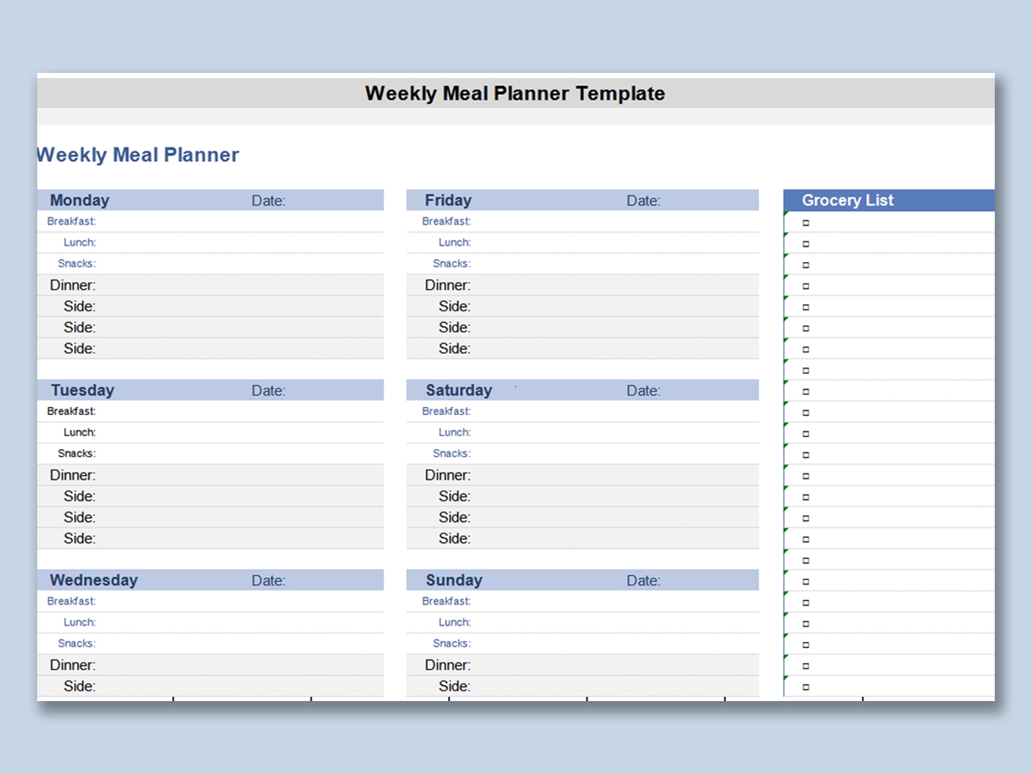 EXCEL Of Weekly Meal Planner xlsx WPS Free Templates EXCEL Of Weekly Meal Planner xlsx WPS Free Templates