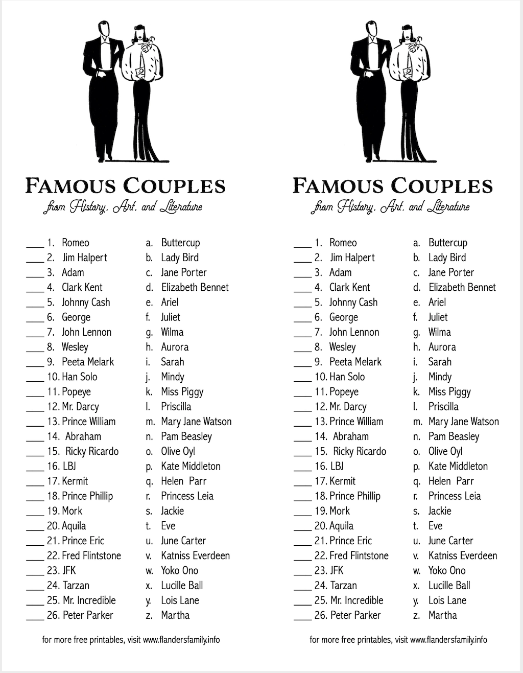 Famous Couples Matching Game Flanders Family Home Life