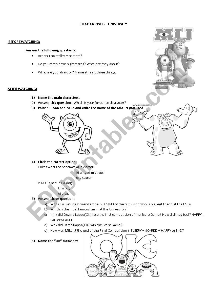 FILM Monster University Activities ESL Worksheet By Gise cba FILM Monster University Activities ESL Worksheet By Gise cba