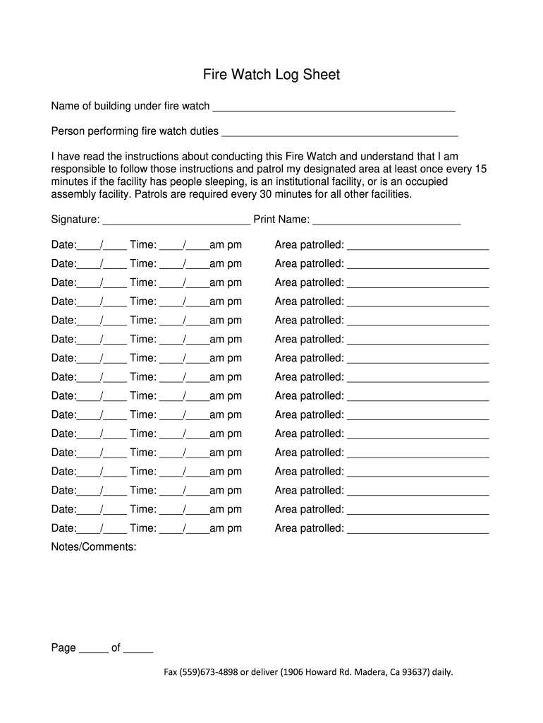Free Printable Fire Watch Log Sheet