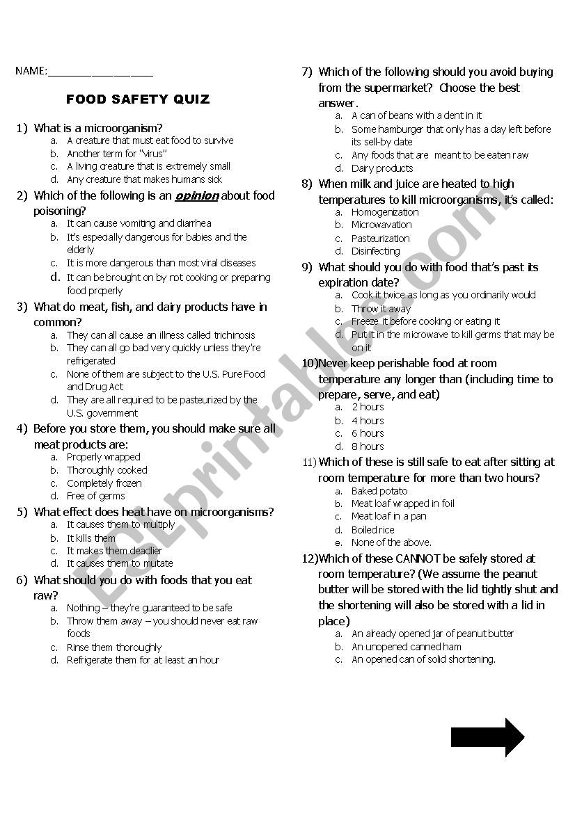 Food Safety Quizzes Printable
