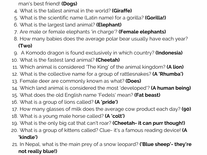 FREE 50 Animal Trivia Questions And Answers Printable Worksheets Library