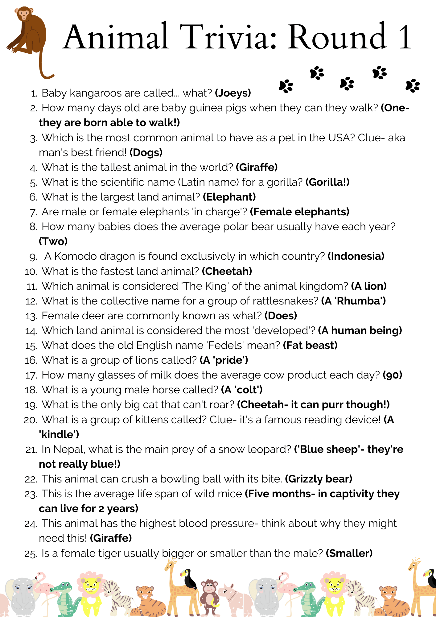 FREE 50 Animal Trivia Questions And Answers Printable Worksheets Library FREE 50 Animal Trivia Questions And Answers Printable Worksheets Library