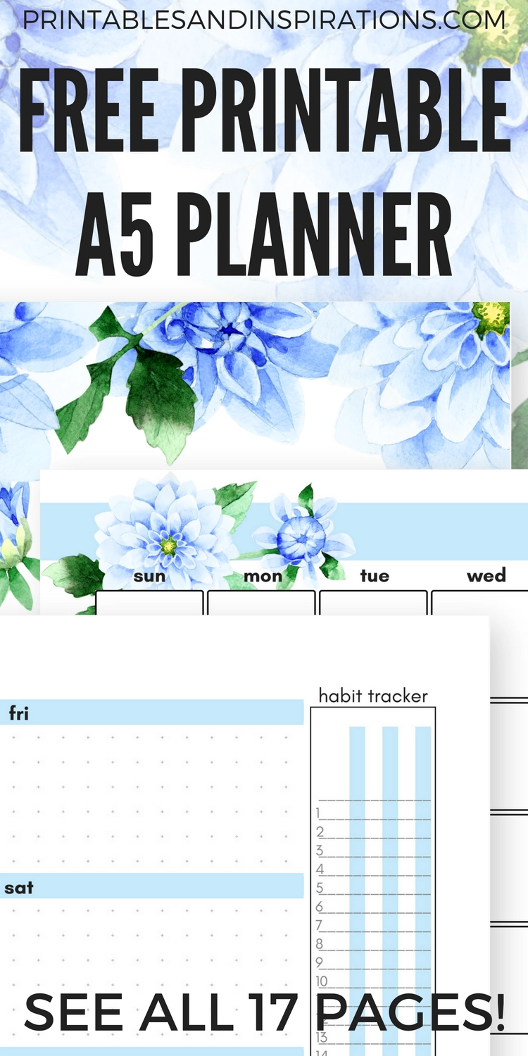 Free A5 Printable Planner For Any Year Beautiful Blue Dahlias 