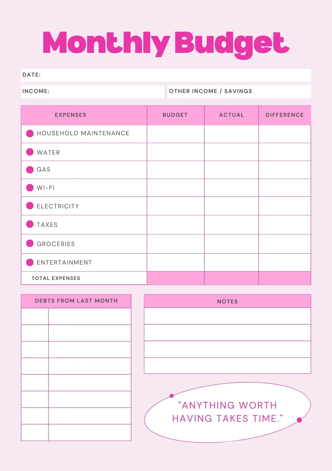 Free Printable Bill Budget Planner