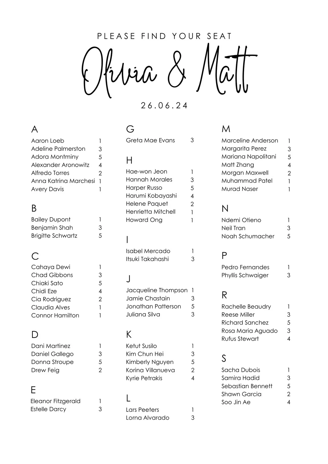 Free Printable Wedding Seating Chart
