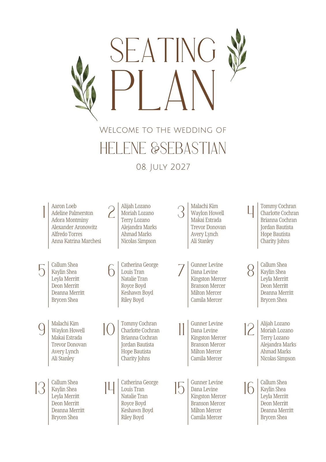 Wedding Seating Chart Diagram Printable