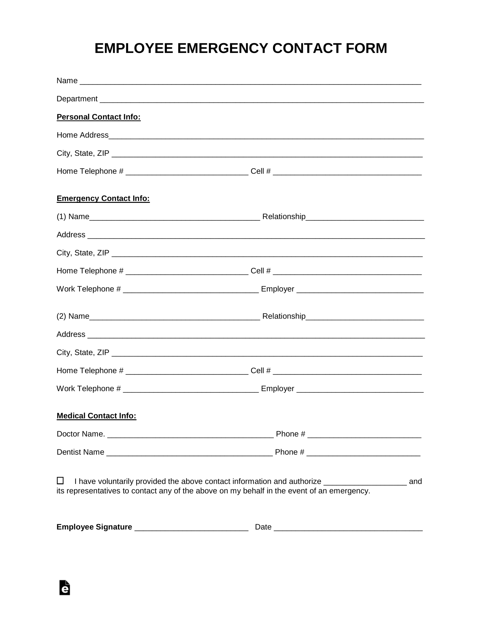Free Employee Emergency Contact Form PDF Word EForms Free Employee Emergency Contact Form PDF Word EForms