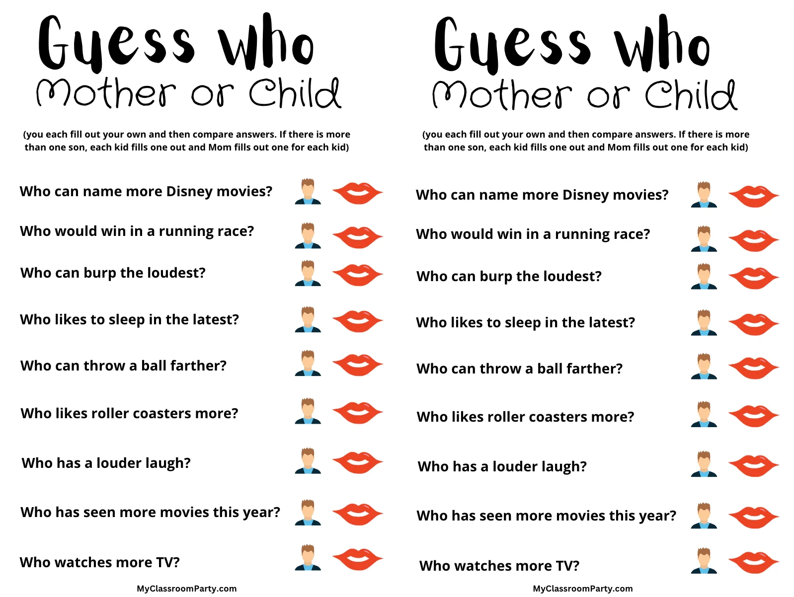 Free Guess Who Printable Mother Or Child MyClassroomParty