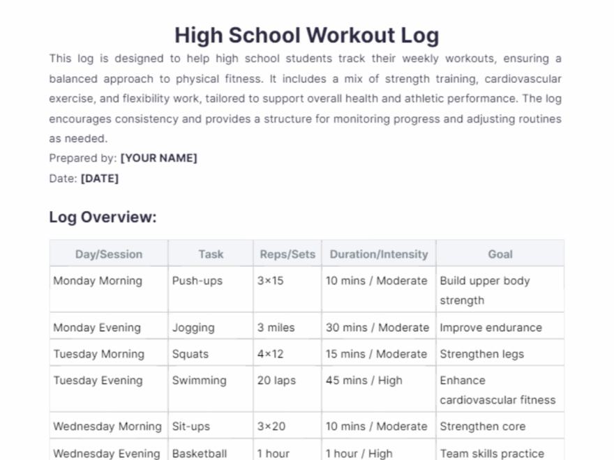 Free High School Workout Log Template To Edit Online
