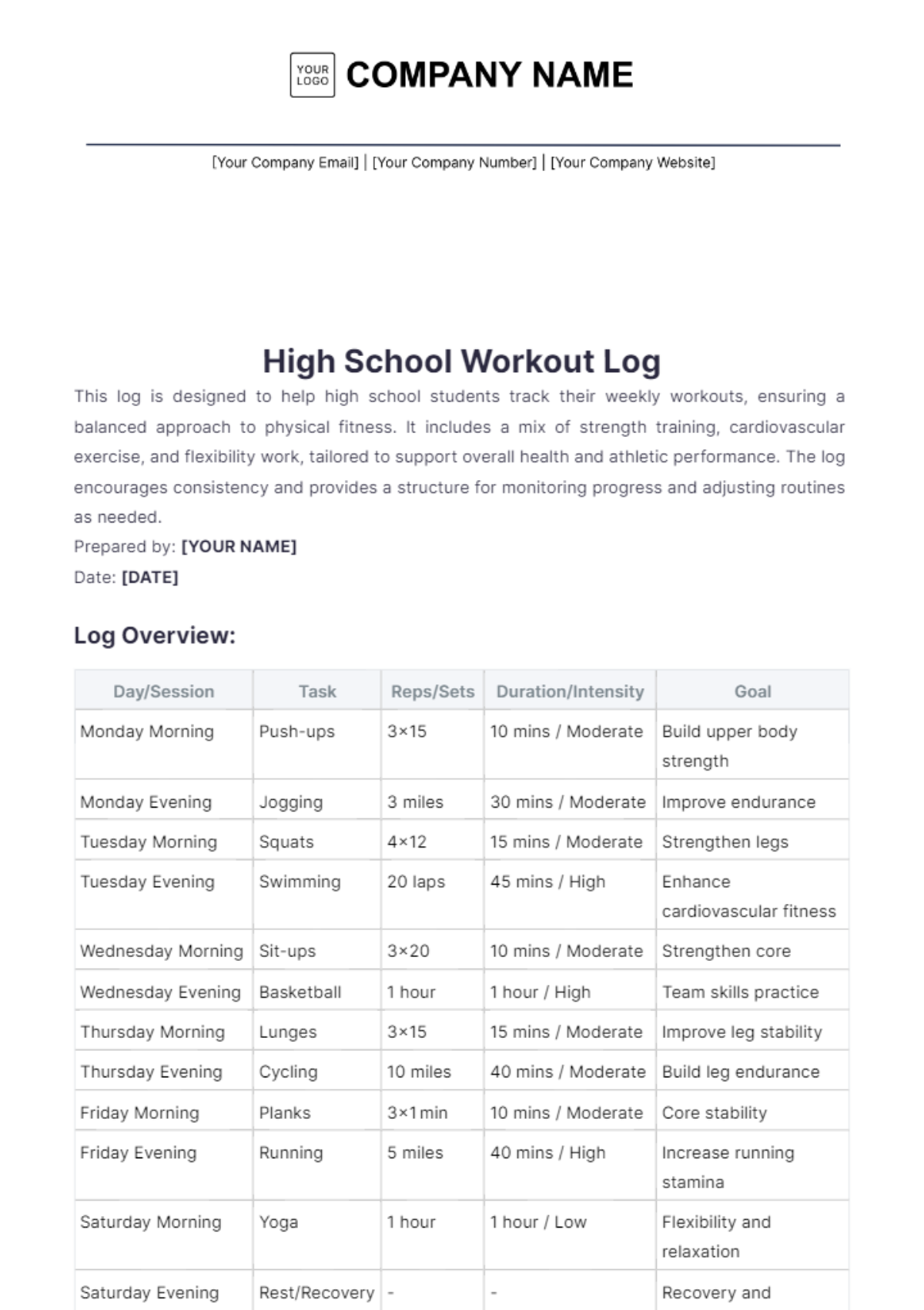 Free High School Workout Log Template To Edit Online