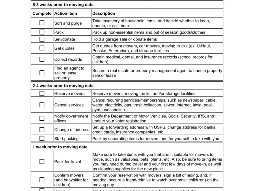 Free Moving Checklist Template Printable PDF amp Word