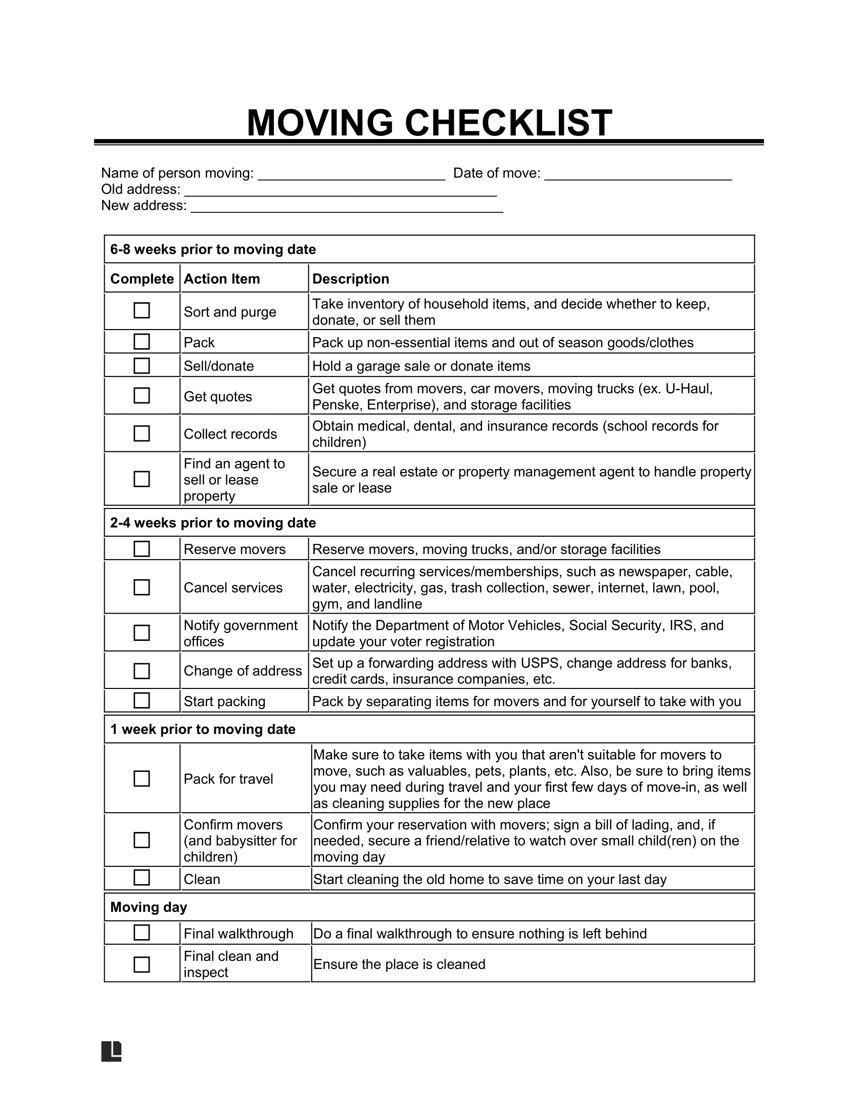Free Moving Checklist Template Printable PDF amp Word