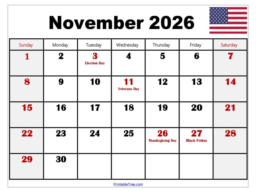 Free November 2026 Calendar Printable PDF With Holidays Templates