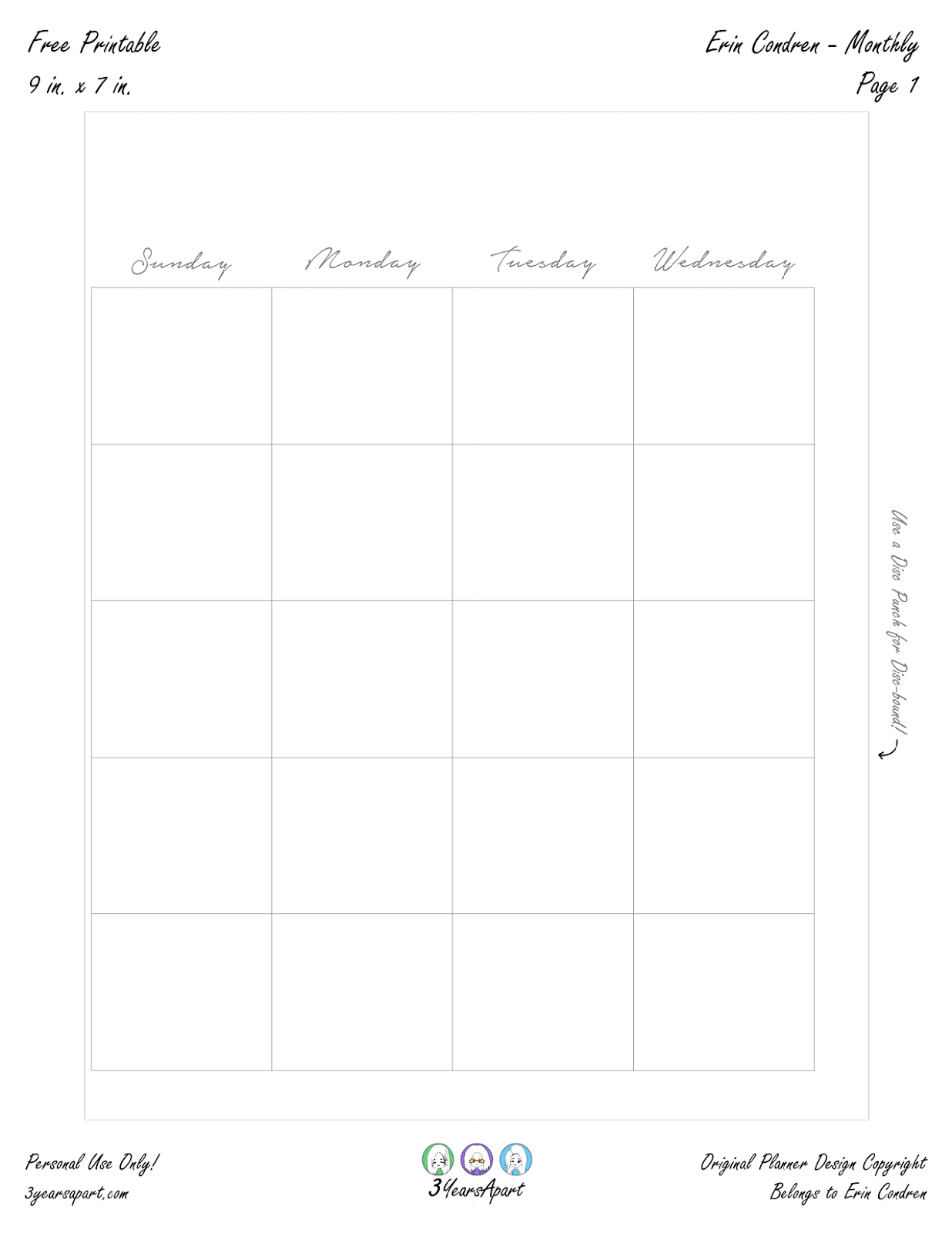 Free Planner Printable Monthly Inserts Ring Discbound 