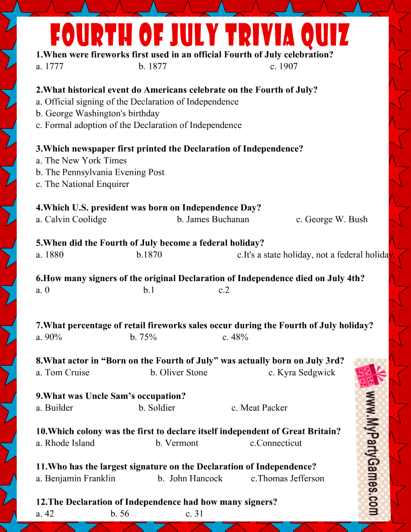 4th Of July Quiz Printable 4th Of July Quiz Printable