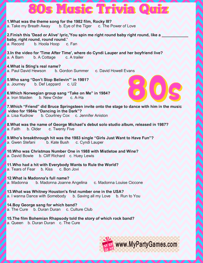 80s Music Trivia Games Printable 80s Music Trivia Games Printable