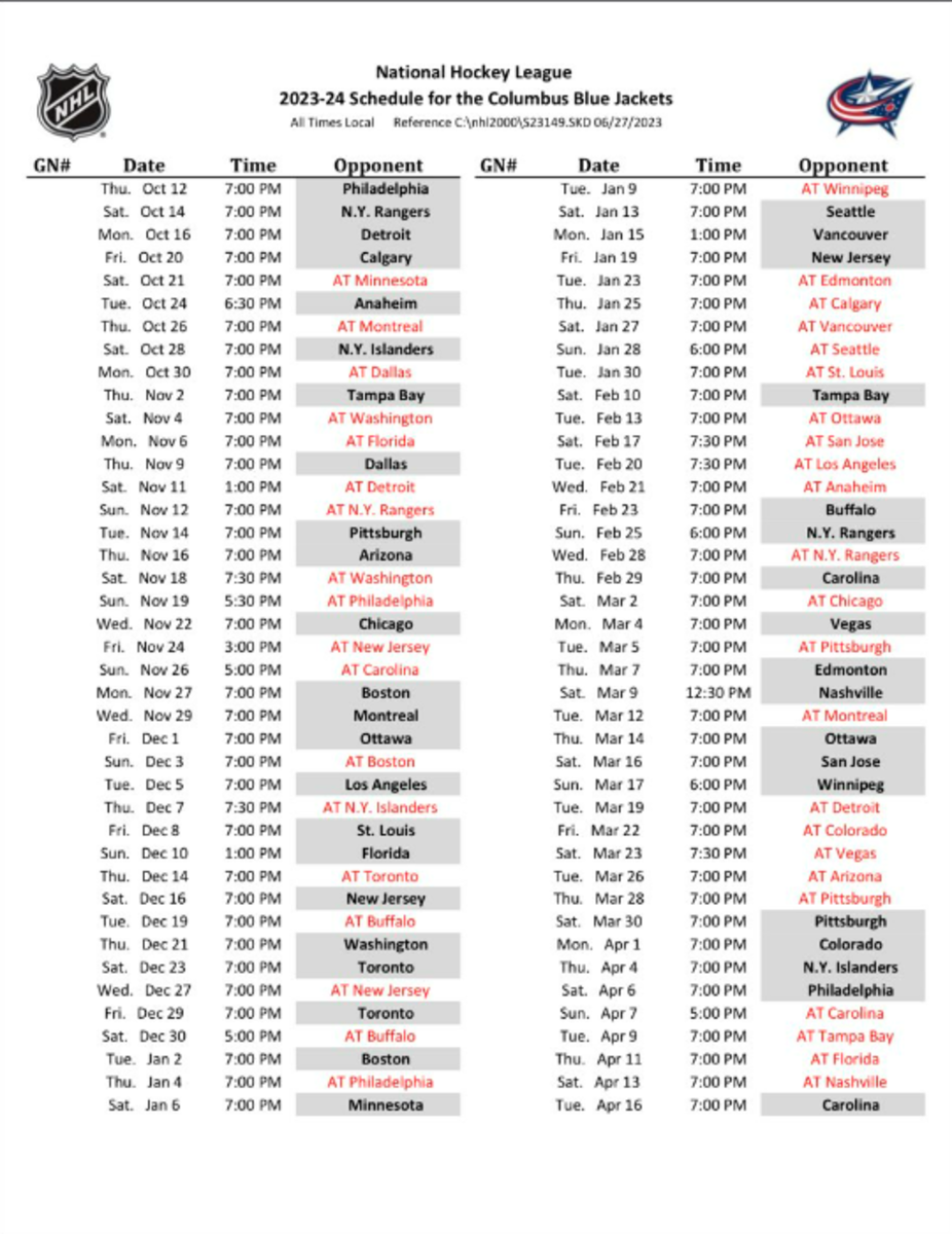 Blue Jackets Schedule Printable
