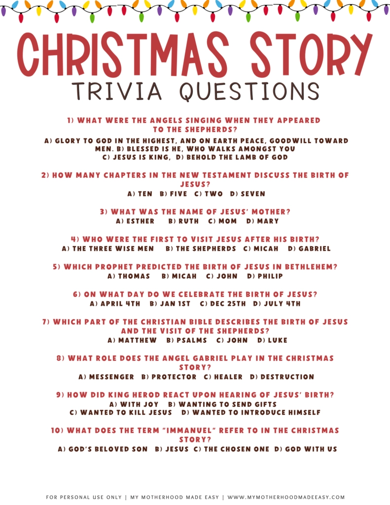Bible Christmas Story Quiz Printable