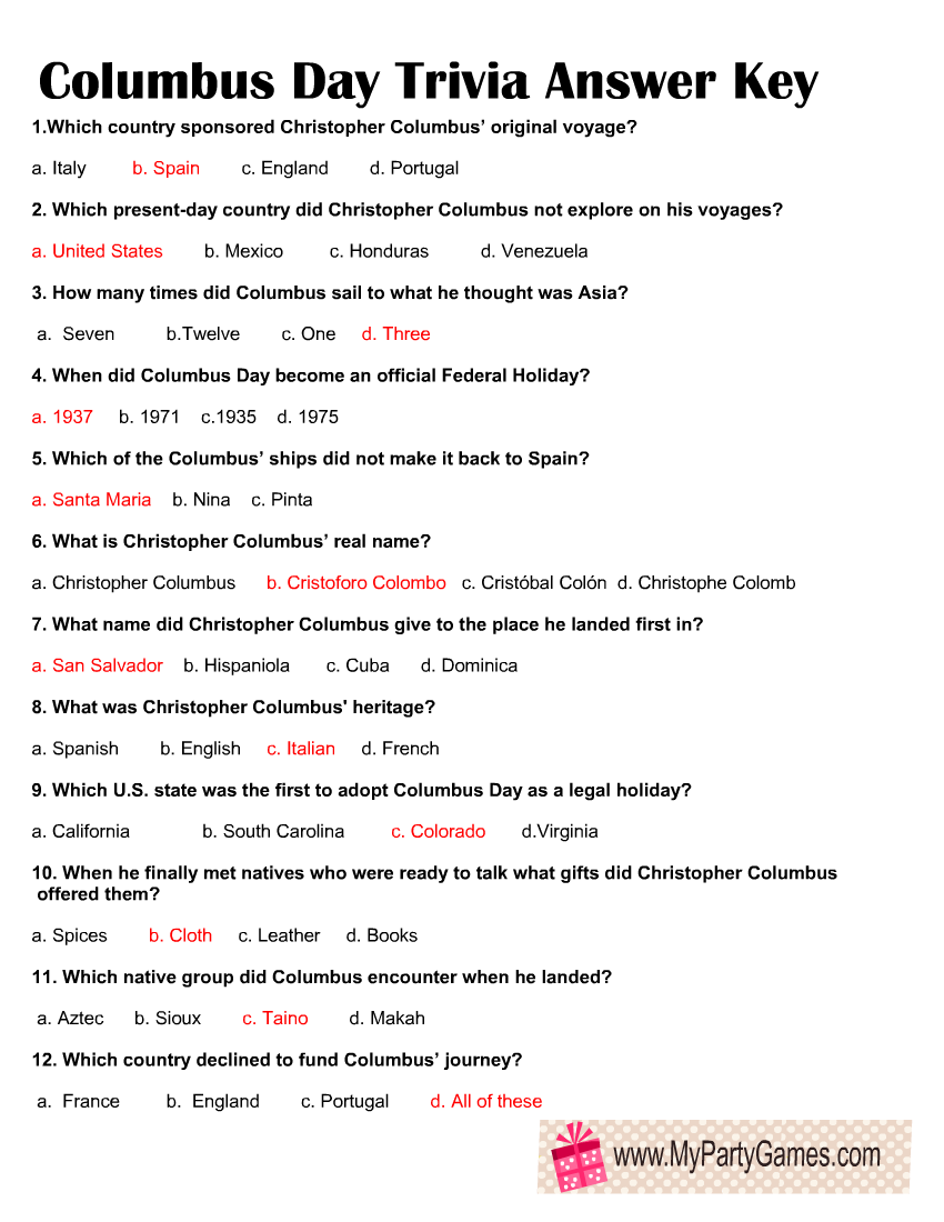 Free Printable Columbus Day Trivia Quiz With Answer Key Free Printable Columbus Day Trivia Quiz With Answer Key