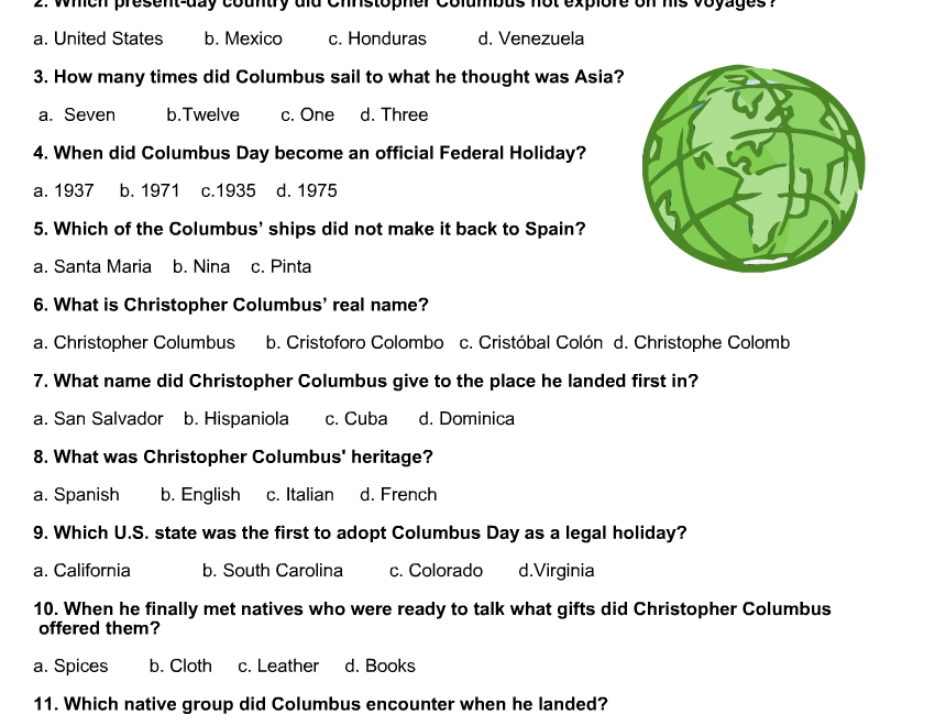 Free Printable Columbus Day Trivia Quiz With Answer Key