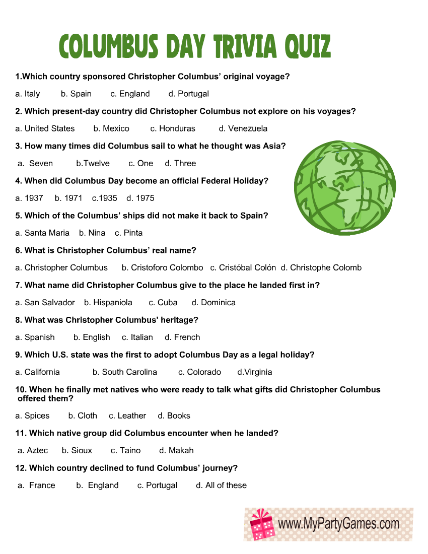 Free Printable Columbus Day Trivia Quiz With Answer Key Free Printable Columbus Day Trivia Quiz With Answer Key