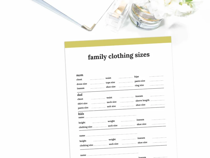 Free Printable Family Clothing Size Planner