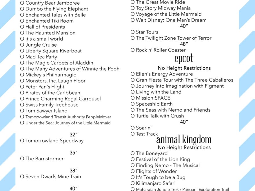 Free Printable Height Guide To Rides At Disney World Our