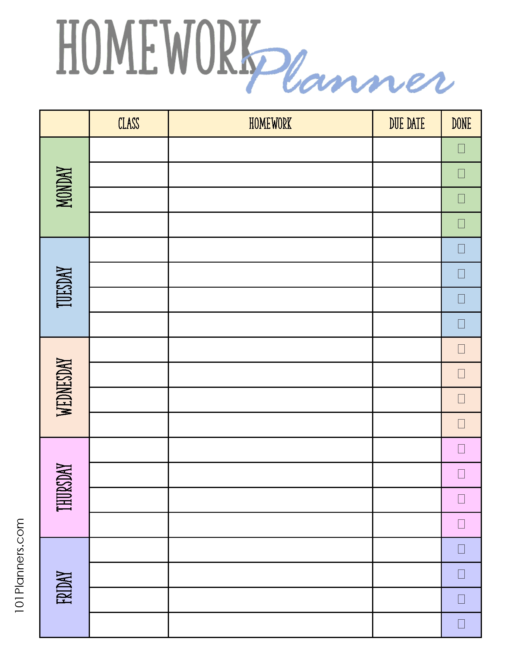 Weekly Homework Planner Template Printable