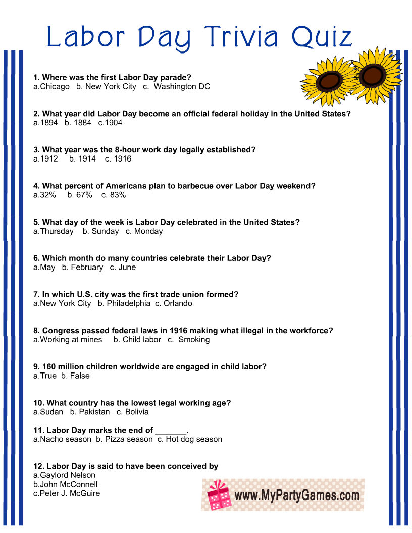 Printable Labor Day Quiz Printable Labor Day Quiz