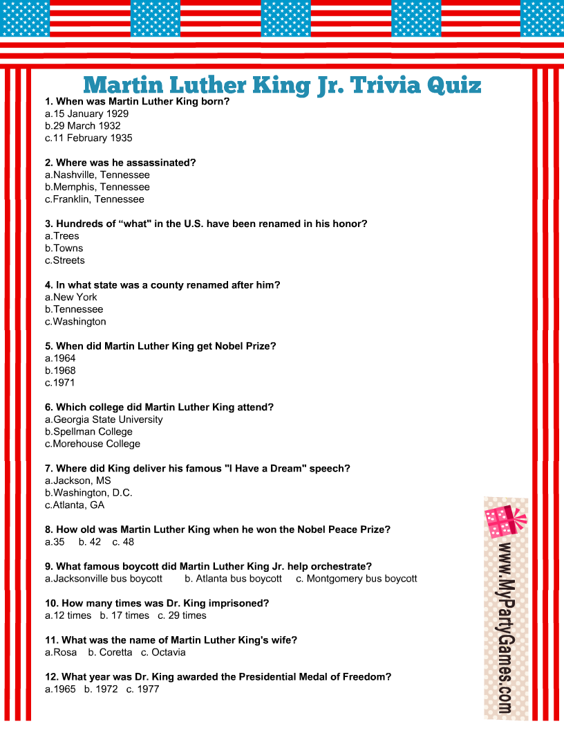 Printable Mlk Quiz For Students