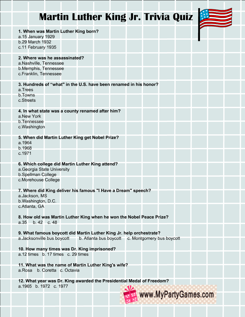 Free Printable Martin Luther King Jr Trivia Quiz With Answer Key
